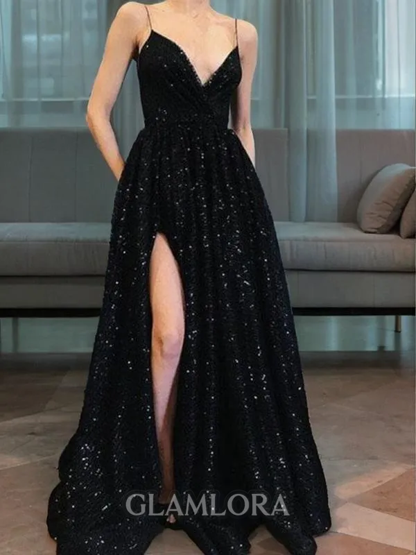 A-line Beautiful Spaghetti Straps Sleeveless Sweep Train Prom Dress With Slit