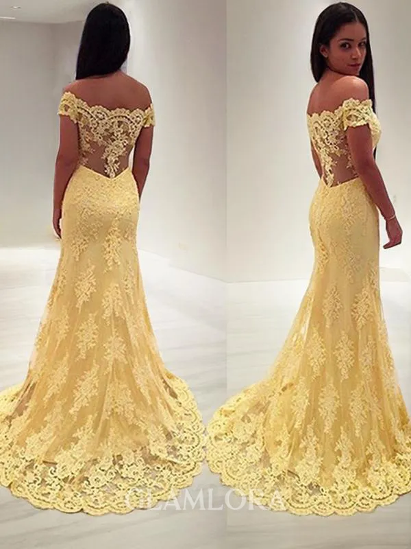 Trumpet/Mermaid Off-the-Shoulder Sensual Sleeveless Sweep Train Lace Prom Dress With Lace