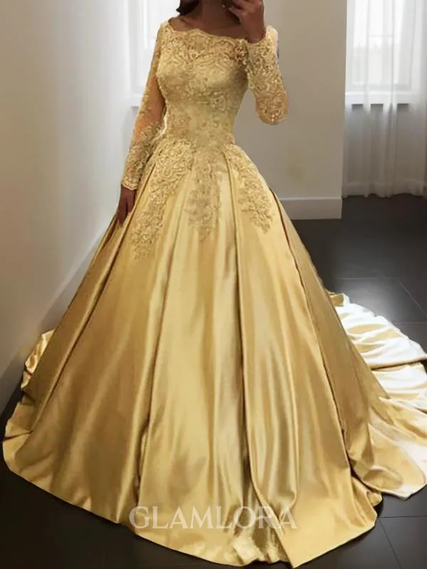 Ball-Gown Off-the-Shoulder Long Sleeves Chapel Train Grand Satin Prom Dress With Applique