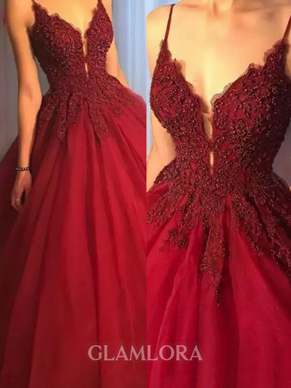 Ball-Gown Princess Spaghetti Straps Sleeveless Sweep Train Majestic Tulle Prom Dress With Applique