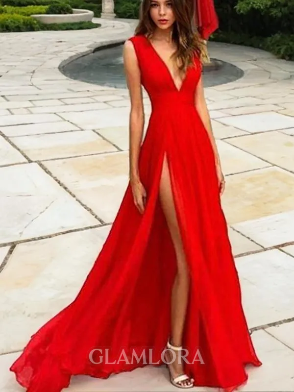 A-line Subtle V-Neck Sleeveless Sweep Train Chiffon Prom Dress With Ruffles