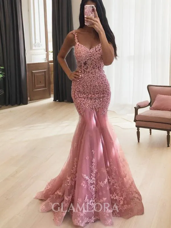 Figure-hugging Trumpet/Mermaid V-Neck Sleeveless Sweep Train Lace Corset Prom Dress