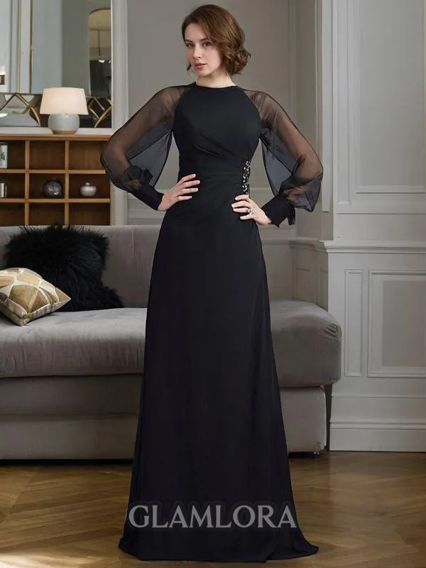 Sheath/Column Scoop Unique Long Sleeves Sweep Train Chiffon Prom Dress With Beading