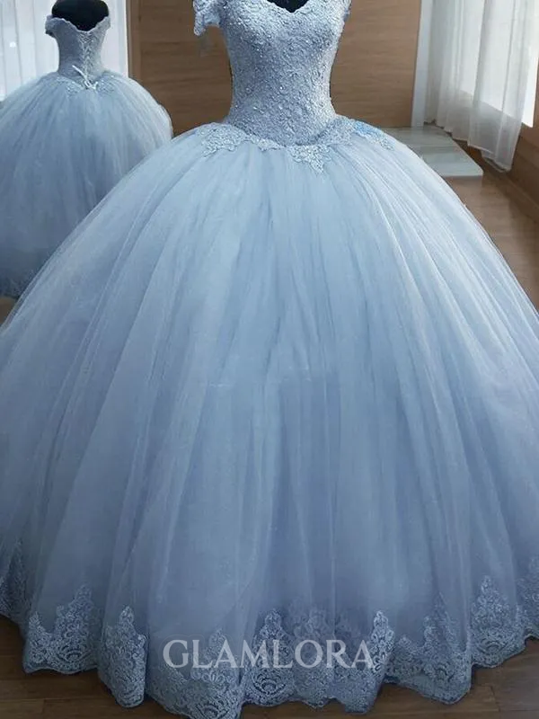 Ball-Gown Princess Off-the-Shoulder Sleeveless Enchanting Floor-Length Tulle Prom Dress With Lace