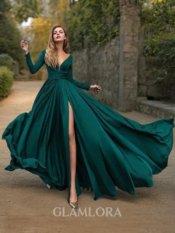 A-line V-Neck Long Sleeves Sweep Train Chic Satin Chiffon Prom Dress With Slit