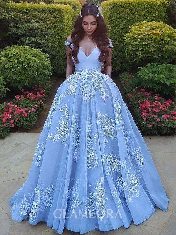 Graceful Ball-Gown Princess Off-the-Shoulder Sleeveless Sweep Train Tulle Prom Dress With Pockets