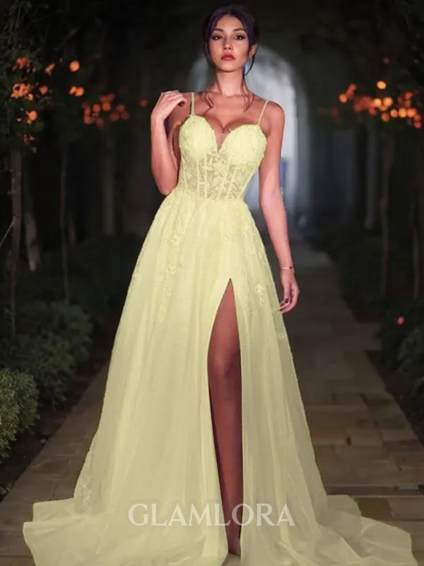 A-line Sweetheart Sleeveless Trendy Sweep Train Lace Corset Prom Dress With Slit