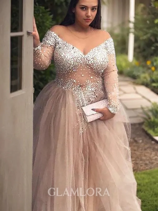 Romantic Ball-Gown Princess Off-the-Shoulder Long Sleeves Floor-Length Tulle Prom Dress With Sequins