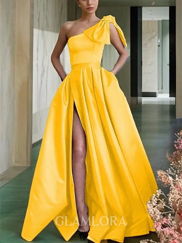 A-line One-Shoulder Unique Sleeveless Sweep Train Satin Prom Dress With Sequins