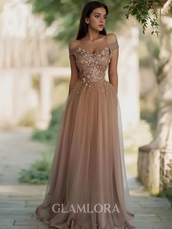 A-line Princess Off-the-Shoulder Delicate Sleeveless Floor-Length Tulle Corset Prom Dress With Sequins