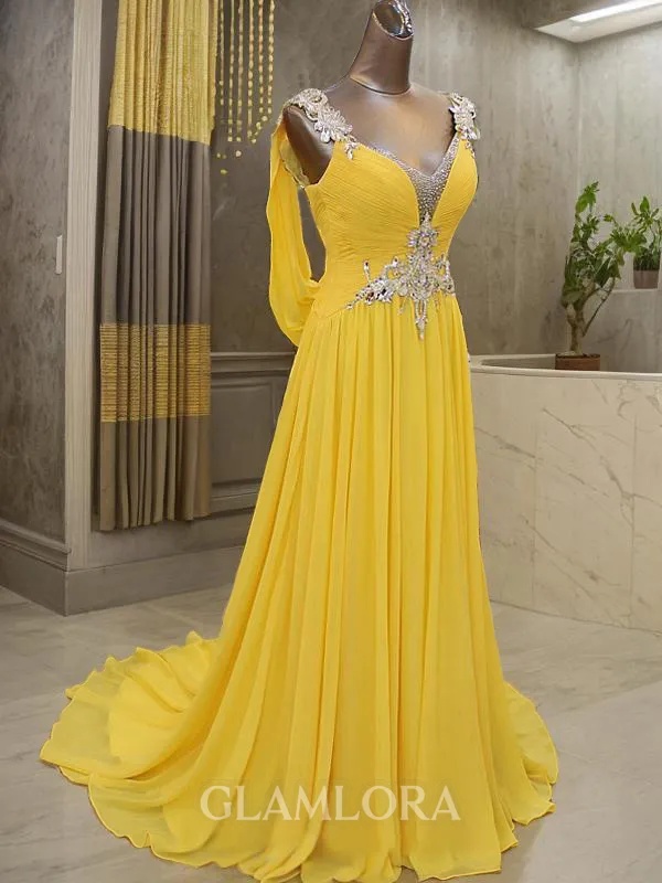 A-line Straps Sleeveless Exquisite Sweep Train Chiffon Prom Dress With Sequins