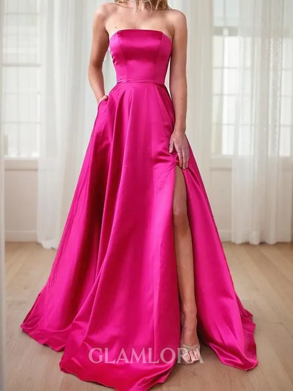 A-line Graceful Strapless Sleeveless Sweep Train Satin Prom Dress With Sequins