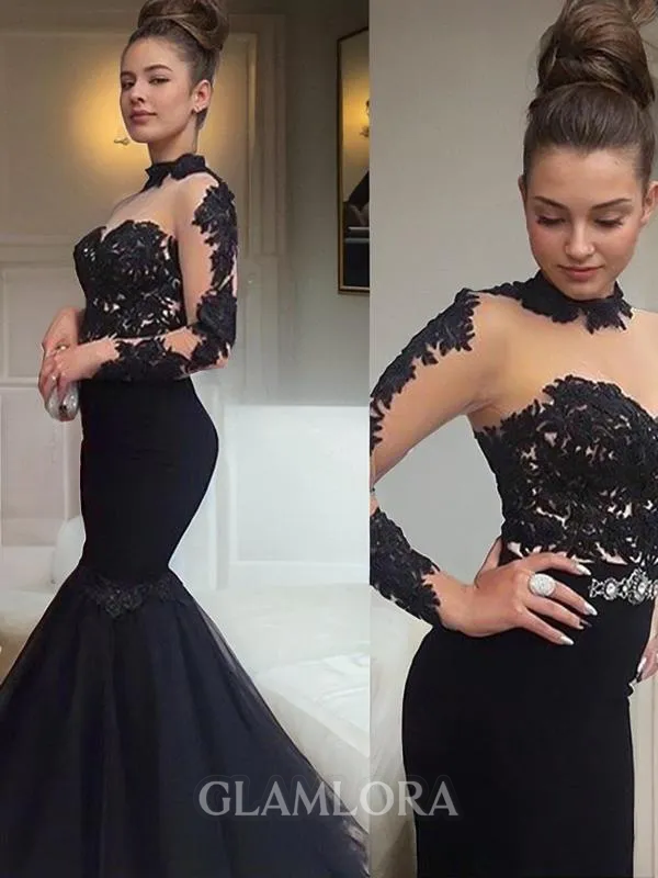 Trumpet/Mermaid High Neck Captivating Long Sleeves Floor-Length Tulle Prom Dress With Sequins