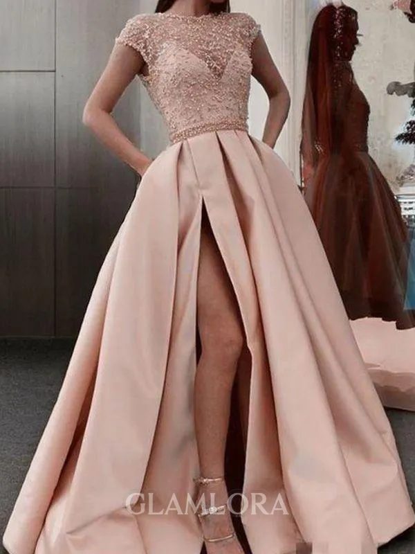 A-line Scoop Short Sleeves Sweep Train Satin Timeless Prom Dress With Slit