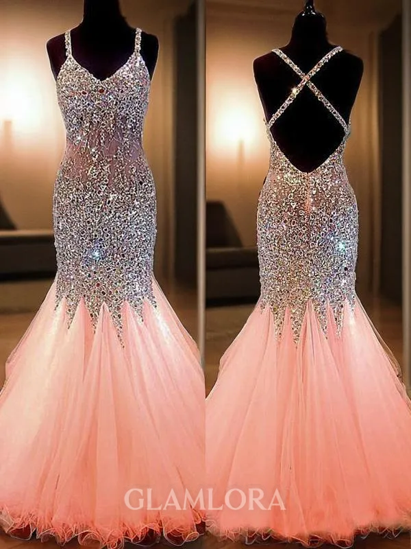 Trumpet/Mermaid V-Neck Head-turning Sleeveless Floor-Length Tulle Prom Dress With Sequins