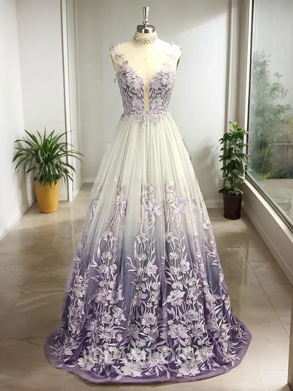 Modest A-line Princess V-Neck Sleeveless Floor-Length Tulle Prom Dress With Applique