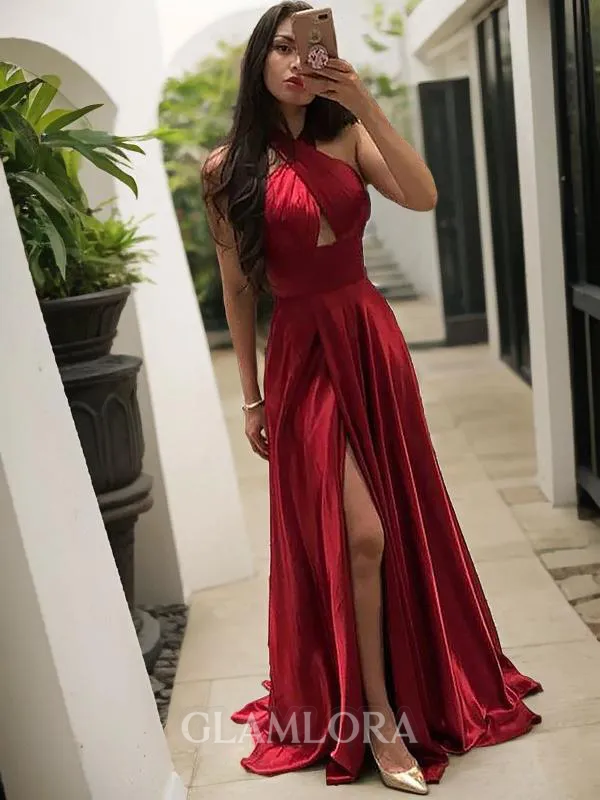 A-line Chic Halter Sleeveless Sweep Train Silk like Satin Prom Dress With Slit