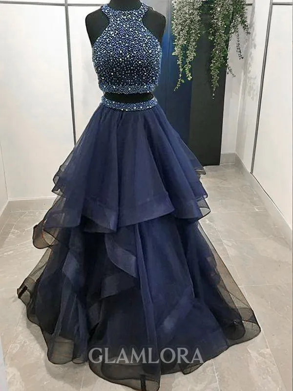 A-line Princess Halter Stylish Sleeveless Floor-Length Tulle Prom Dress With Beading