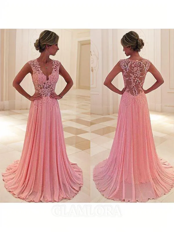 A-line V-Neck Sleeveless Sweep Train Simple Chiffon Prom Dress With Lace
