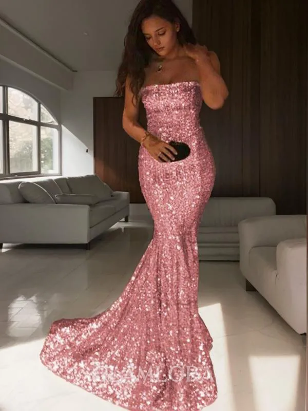 Glitter Trumpet/Mermaid Strapless Sleeveless Sweep Train Sequins Corset Prom Dress
