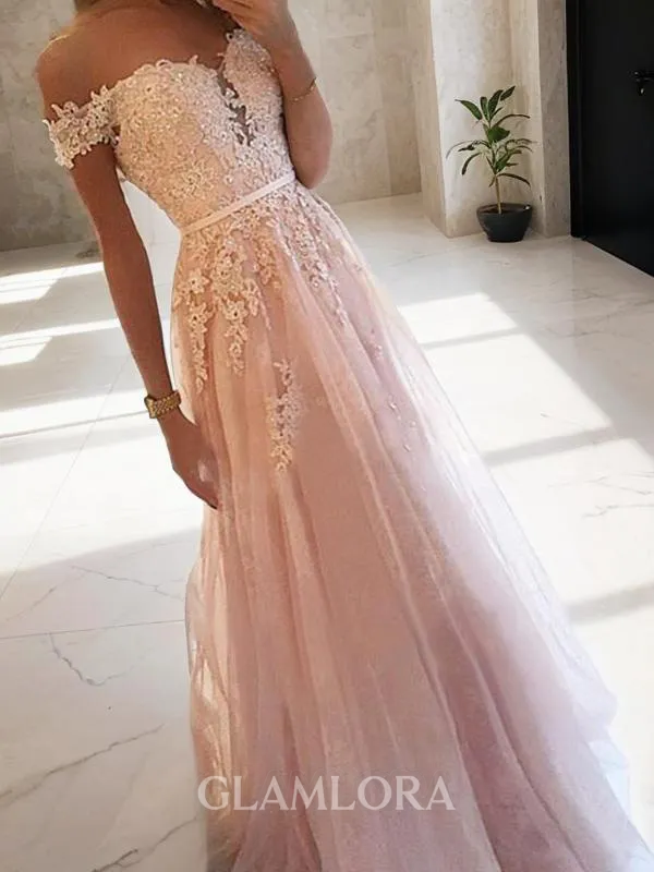 A-line Princess Off-the-Shoulder Delicate Sleeveless Floor-Length Tulle Prom Dress With Applique