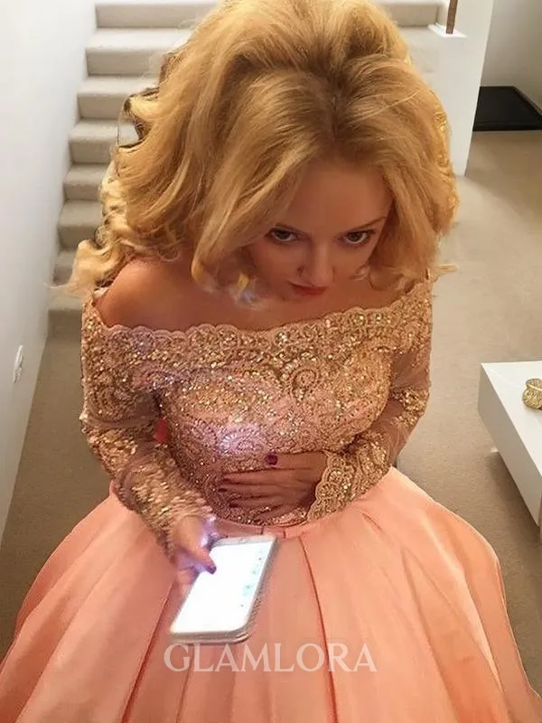 Ball-Gown Off-the-Shoulder Long Sleeves Exquisite Court Train Satin Prom Dress With Beading