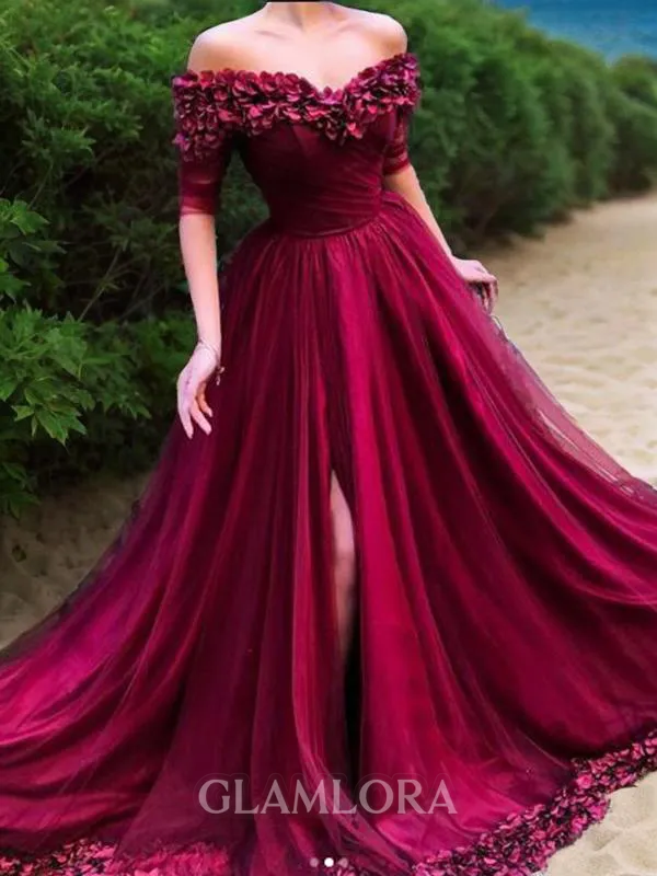 A-line Princess Off-the-Shoulder 1/2 Sleeves Sweep Train Balanced Tulle Prom Dress With Slit
