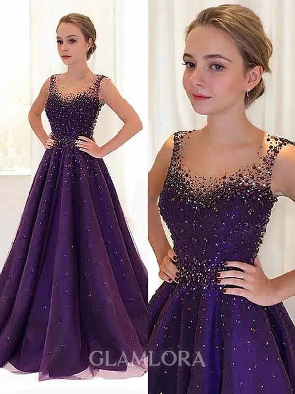A-line Princess Scoop Sleeveless Floor-Length Refined Tulle Prom Dress With Beading