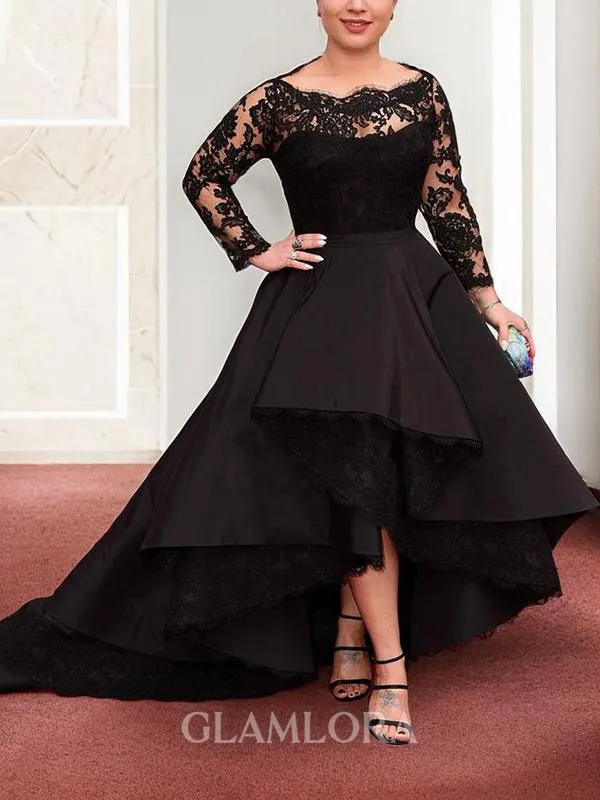 A-line Bateau Long Sleeves Asymmetrical Satin Timeless Prom Dress With Lace