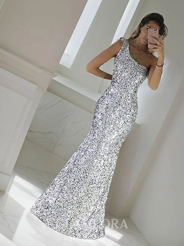 Sheath/Column Shiny One-Shoulder Sleeveless Floor-Length Sequins Prom Dress With Ruffles