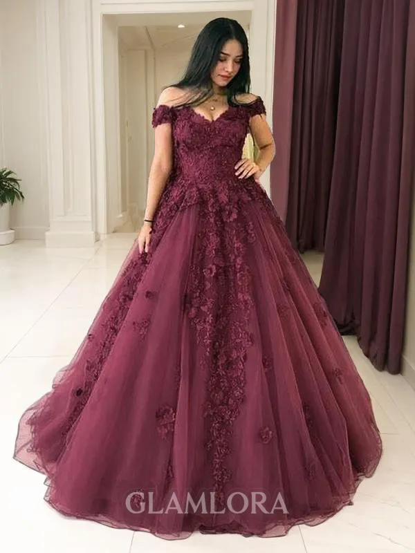 Ball-Gown Princess Off-the-Shoulder Ethereal Sleeveless Floor-Length Tulle Prom Dress With Applique