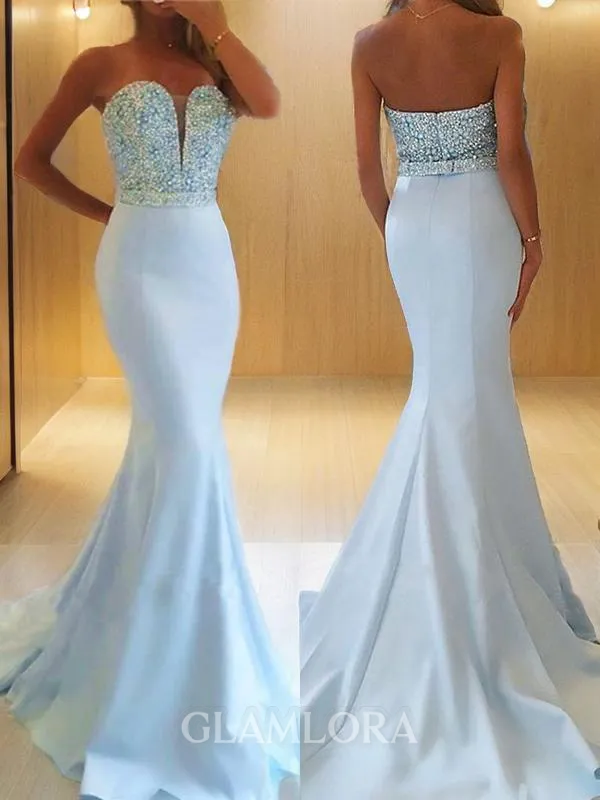 Trumpet/Mermaid Sweetheart Sleeveless Sweep Train Curvaceous Satin Corset Prom Dress With Beading