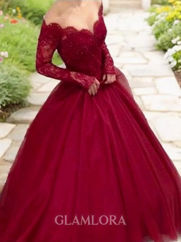Ball-Gown Princess V-Neck Cinderella Long Sleeves Floor-Length Tulle Prom Dress With Lace