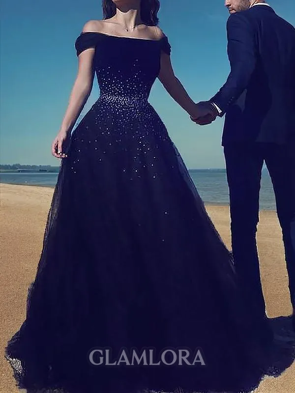 Ball-Gown Princess Off-the-Shoulder Sleeveless Sweep Train Tulle Resplendent Prom Dress With Beading