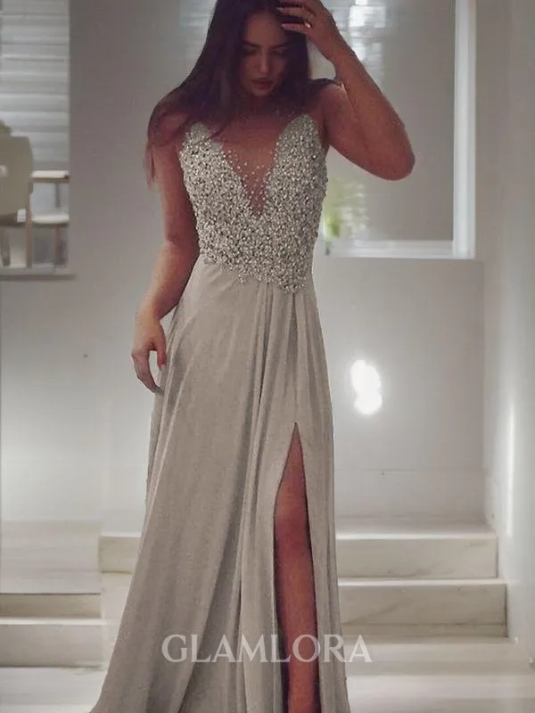 Perfect A-line V-Neck Sleeveless Floor-Length Chiffon Prom Dress With Slit