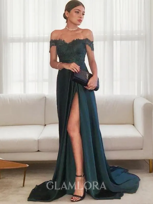 A-line Trendy Off-the-Shoulder Sleeveless Sweep Train Silk like Satin Corset Prom Dress With Lace