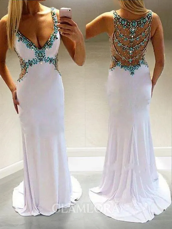 A-line V-Neck Fashion Sleeveless Sweep Train Jersey Prom Dress With Beading