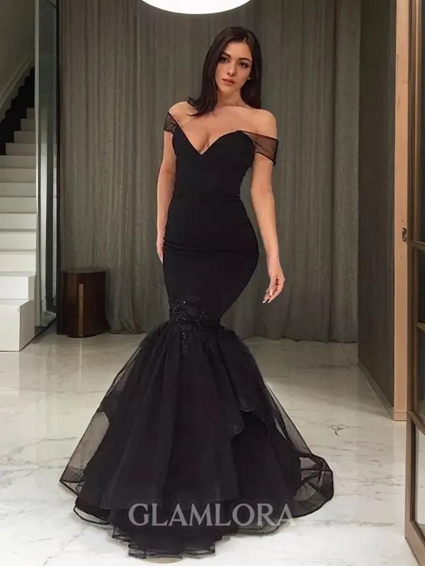 Trumpet/Mermaid Off-the-Shoulder Sleeveless Sweep Train Elegant Tulle Prom Dress With Ruffles