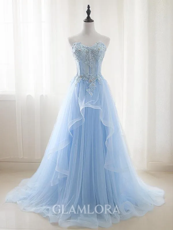 A-line Princess Unique Sweetheart Sleeveless Sweep Train Tulle Corset Prom Dress