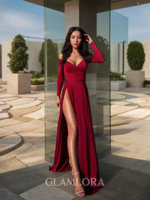 A-line Off-the-Shoulder Pretty Long Sleeves Sweep Train Jersey Prom Dress With Slit
