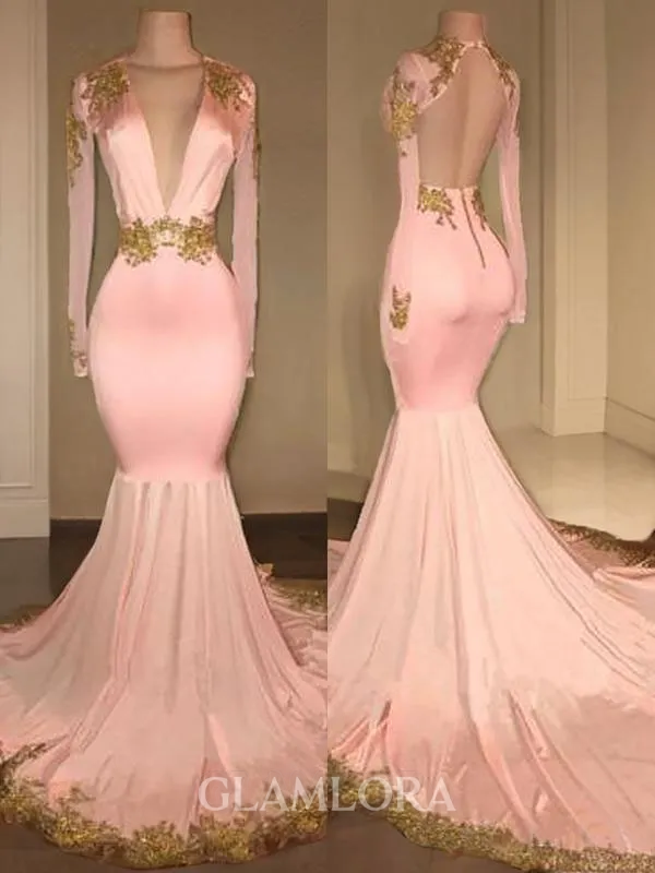 Trumpet/Mermaid V-Neck Long Sleeves Court Train Glamorous Silk like Satin Prom Dress With Applique