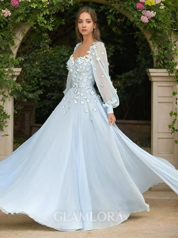 A-line Sweetheart Long Sleeves Floor-Length Chiffon Dazzling Prom Dress With Applique