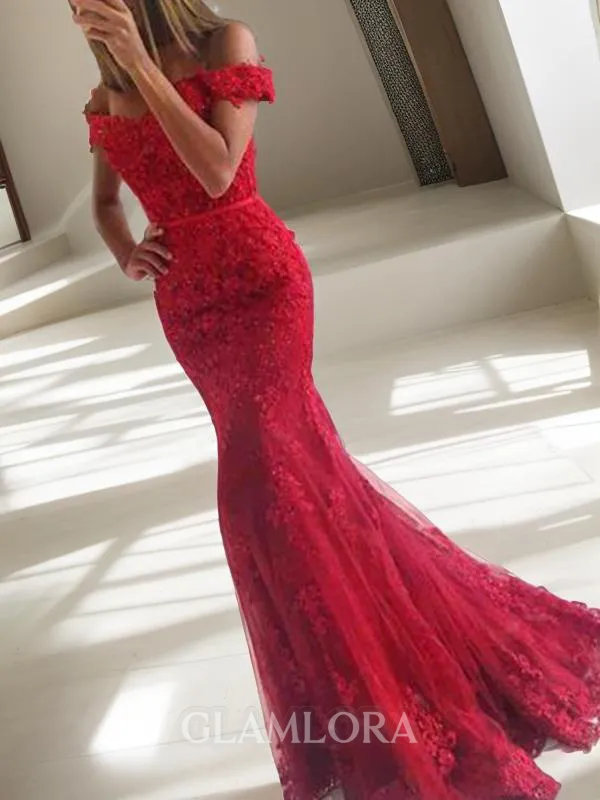 Trumpet/Mermaid Show-stopping Off-the-Shoulder Sleeveless Sweep Train Tulle Prom Dress With Applique