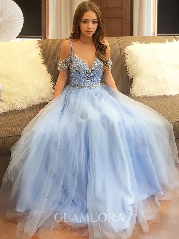 A-line Princess Off-the-Shoulder Classy Sleeveless Floor-Length Tulle Prom Dress With Beading