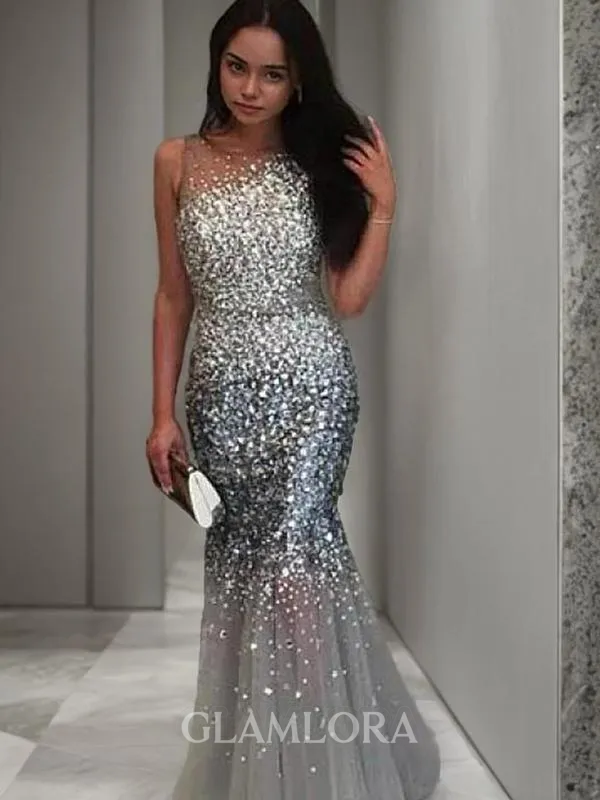 Trumpet/Mermaid Jewel Sequins Sleeveless Sensual Sweep Train Prom Dress