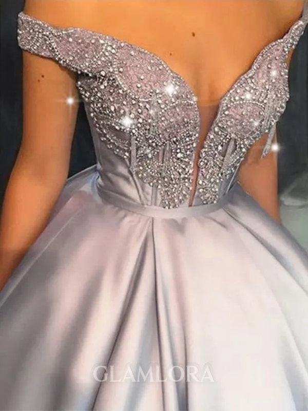 Ball-Gown Off-the-Shoulder Sleeveless Floor-Length Satin Pretty Prom Dress With Beading