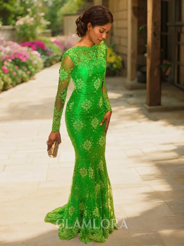 A-line High Neck Long Sleeves Sweep Train Timeless Silk like Satin Prom Dress With Applique