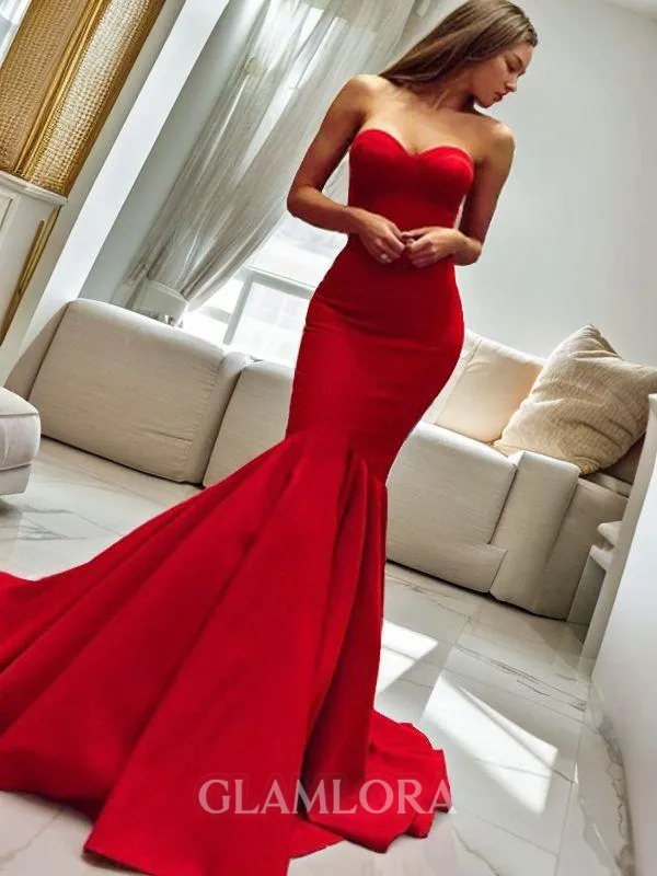 Trumpet/Mermaid Strapless Sleeveless Svelte Court Train Satin Prom Dress With Ruffles