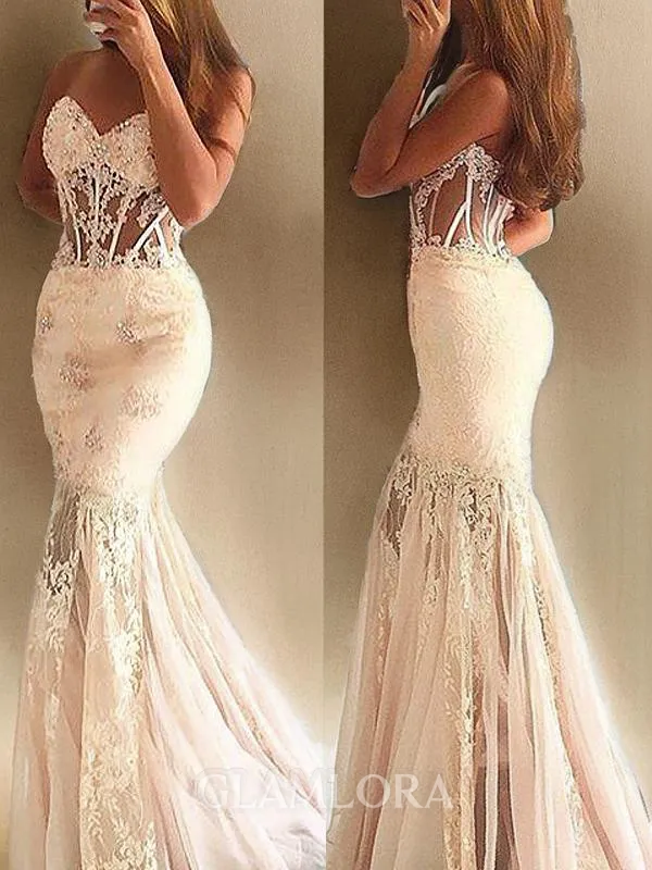 Trumpet/Mermaid Sweetheart Sleeveless Sweep Train Exquisite Tulle Corset Prom Dress With Lace