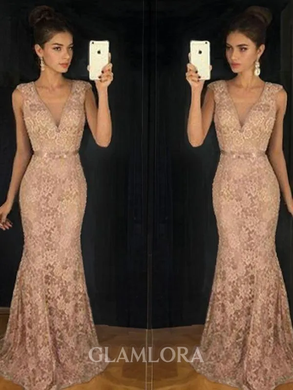 Trumpet/Mermaid Graceful V-Neck Sleeveless Sweep Train Lace Prom Dress With Sash